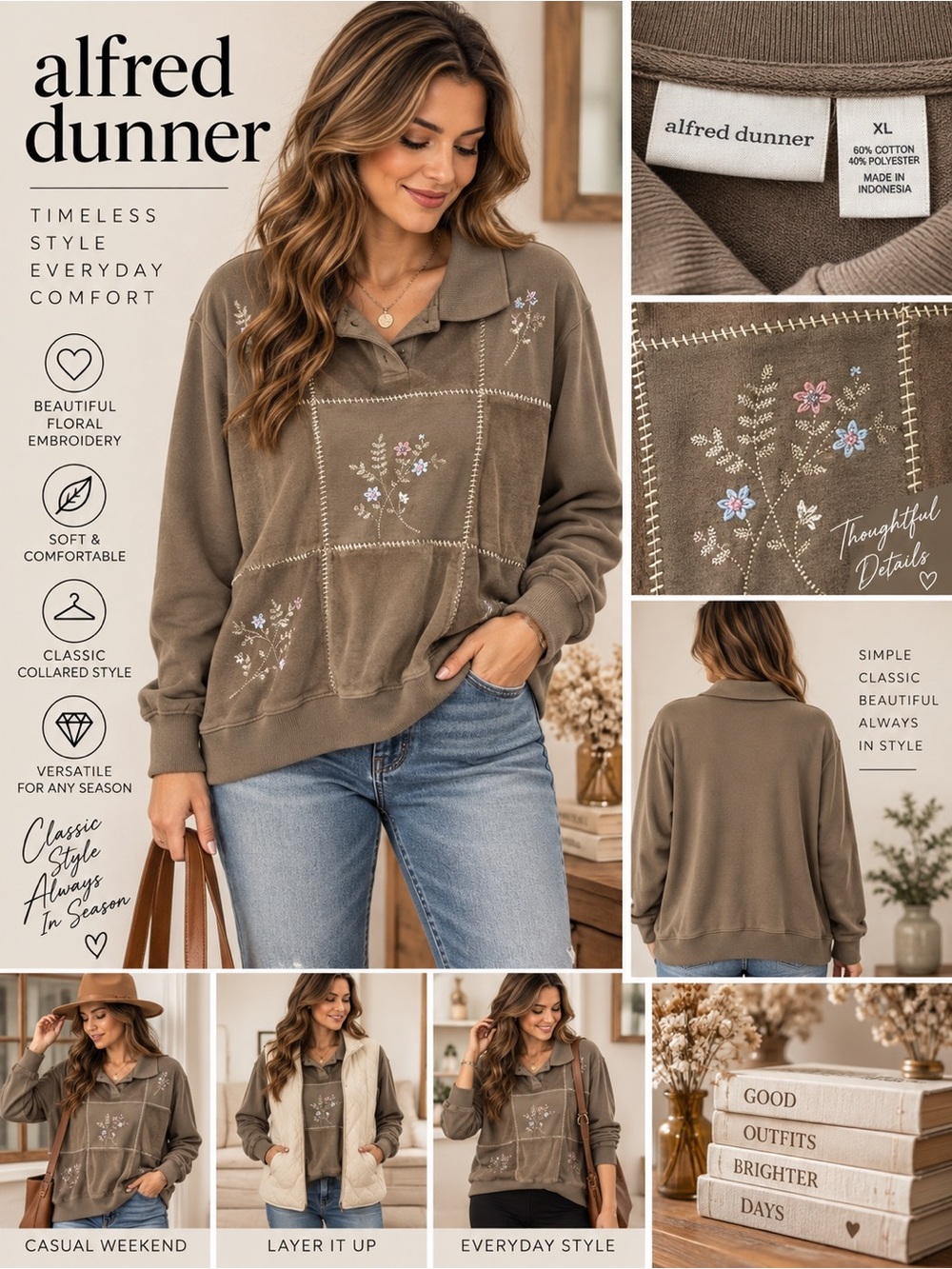 Alfred Dunner XL Embroidered Floral Patchwork Pullover Sweatshirt Cottagecore